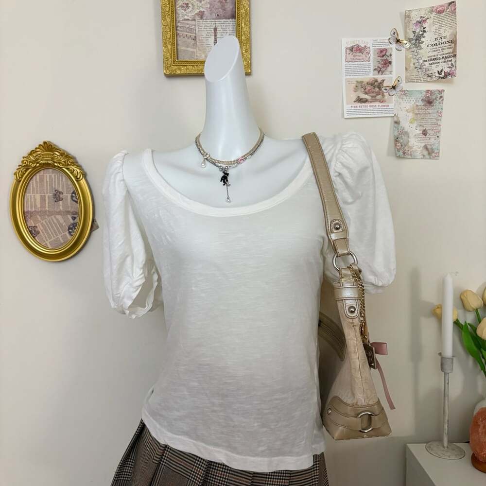 By Anthropologie Puff Sleeve Scoop Neck Top Size M White Cotton